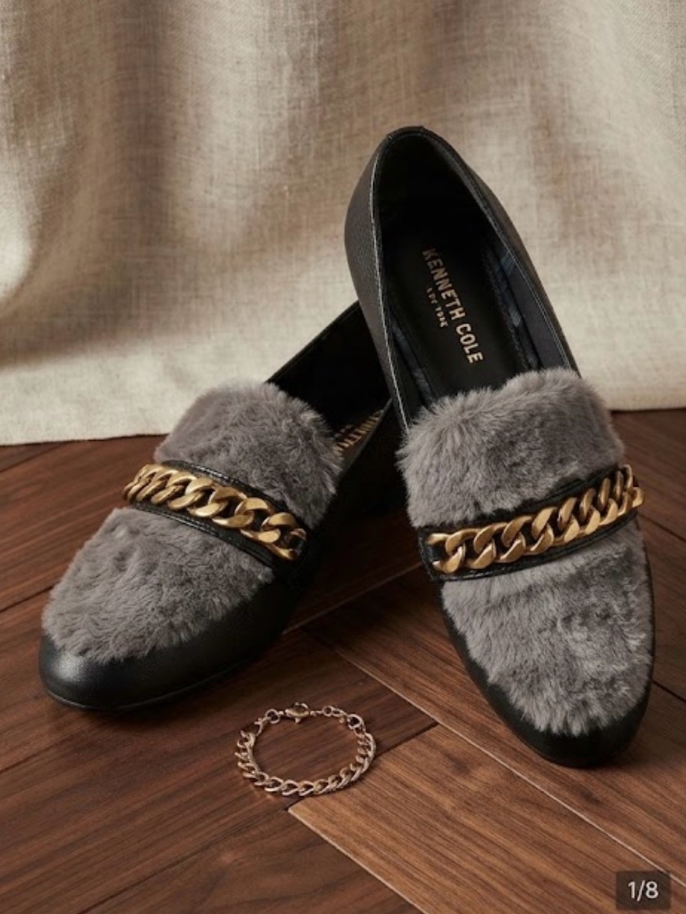 Kenneth Cole Women's Gray Faux Fur Loafers with Gold Chain